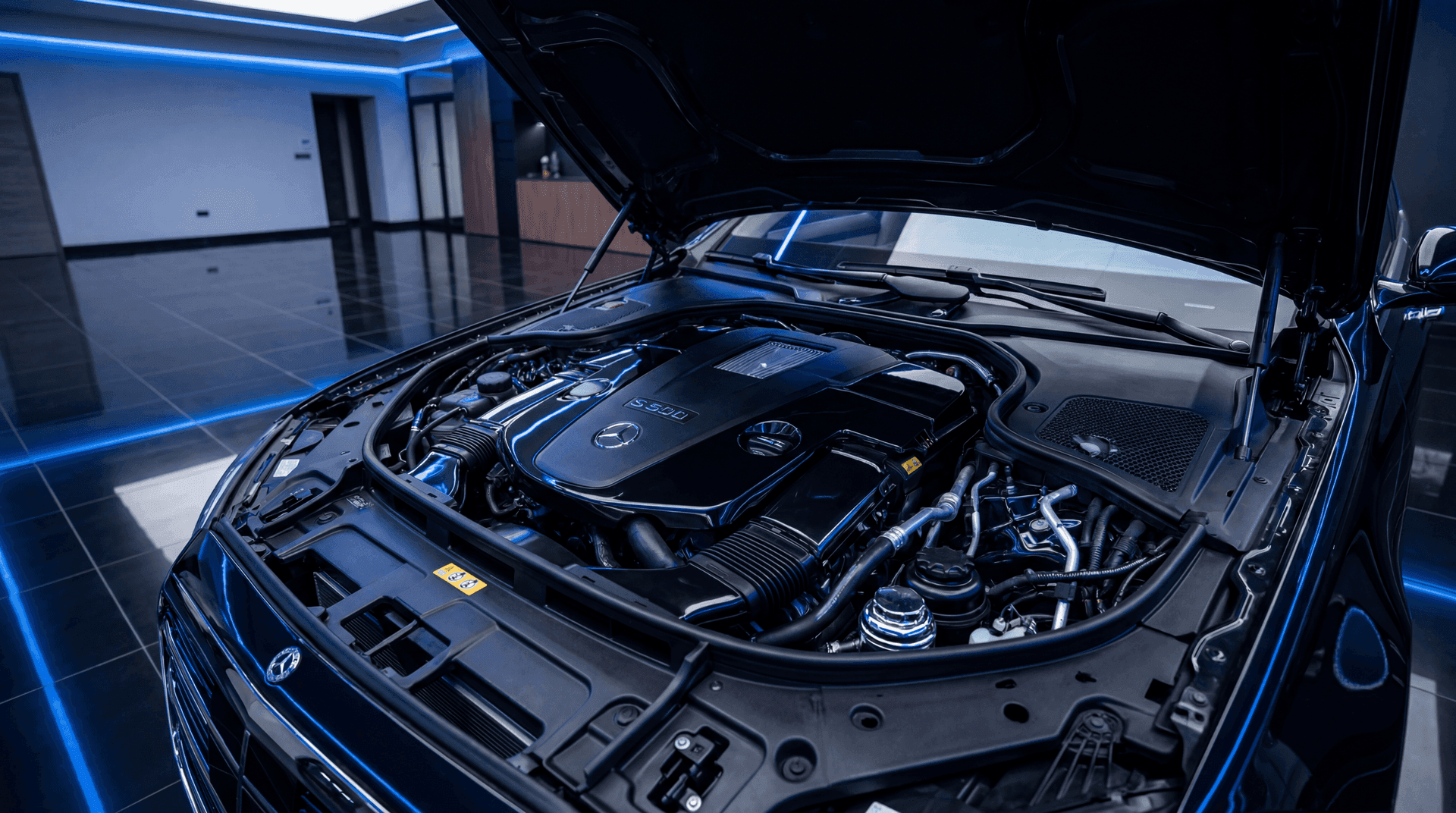 Detailed engine bay cleaning showing spotless components and dressings