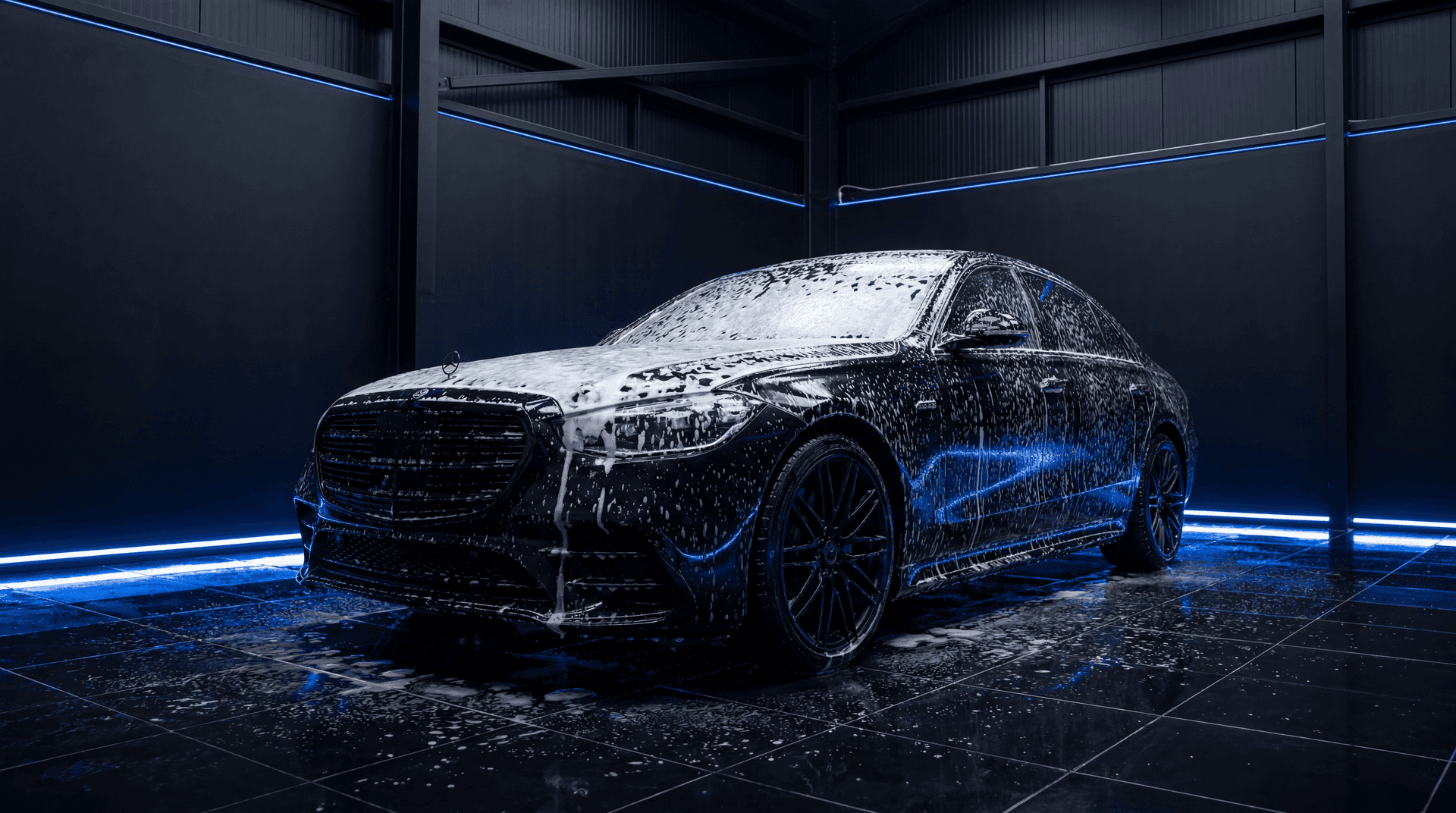 Mercedes-Benz S500 during professional exterior hand wash and detailing