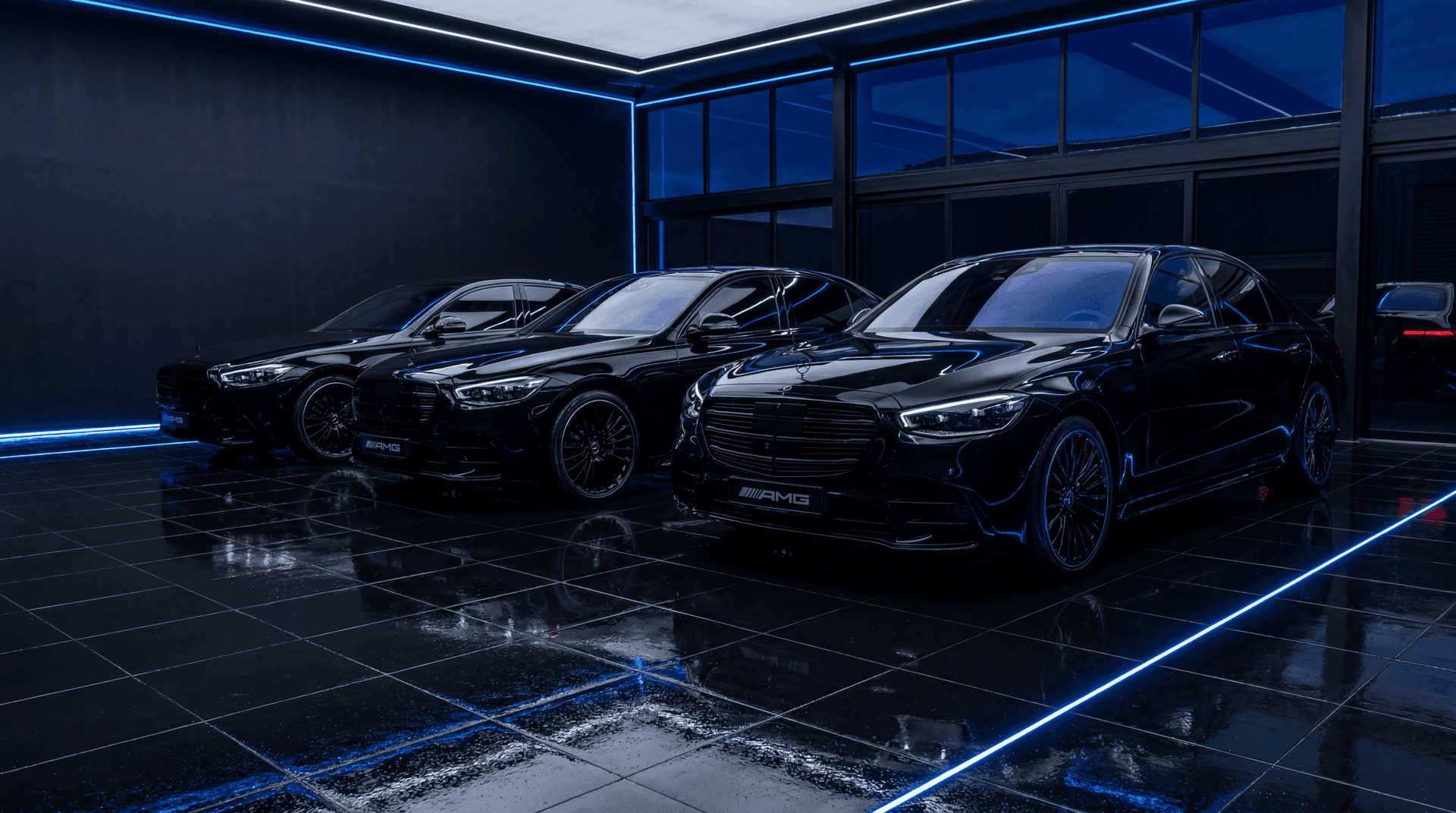Fleet of commercial vehicles lined up for professional detailing service
